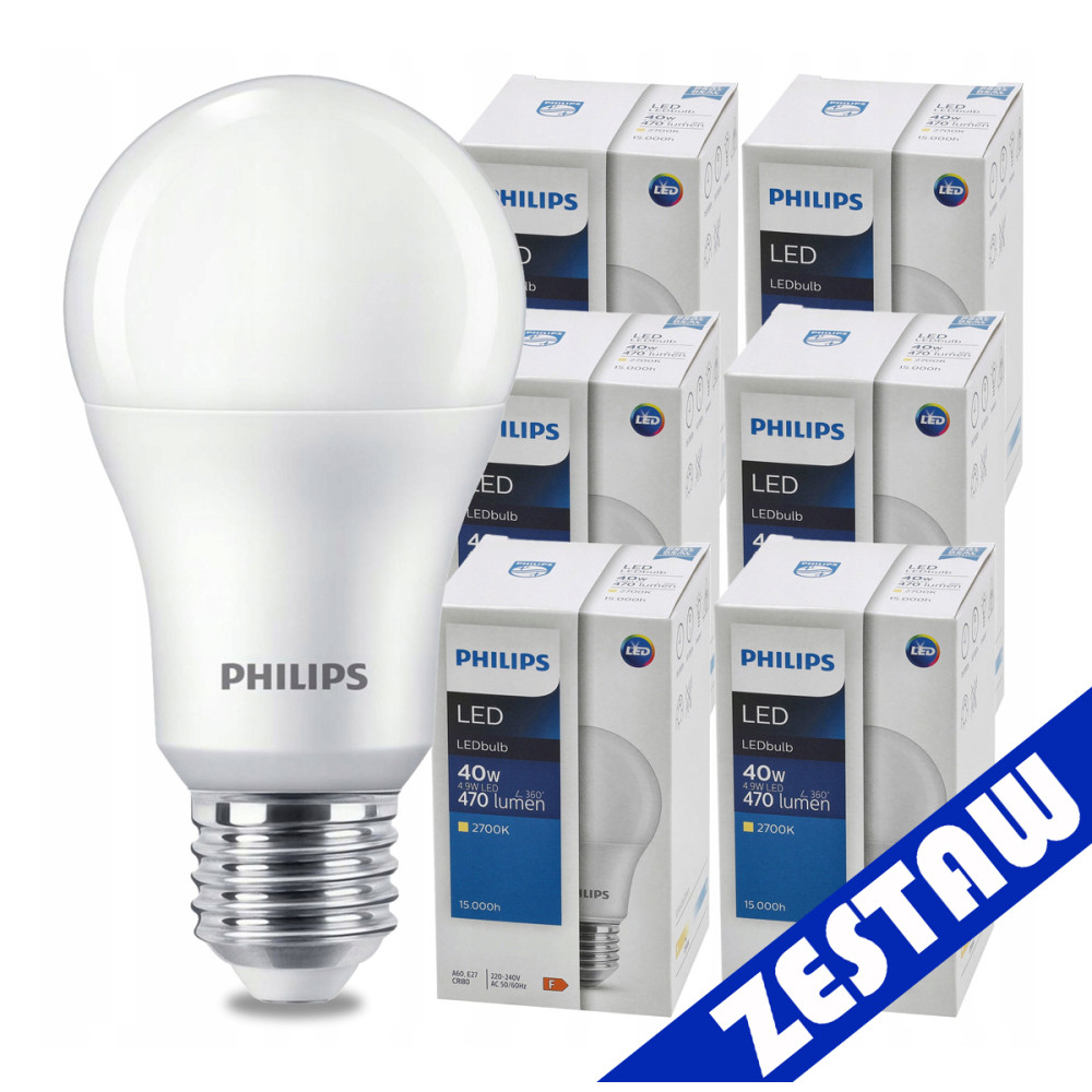 SADA 6 ks LED žiaroviek PHILIPS E27 4,9W 470 lm - tepla biela