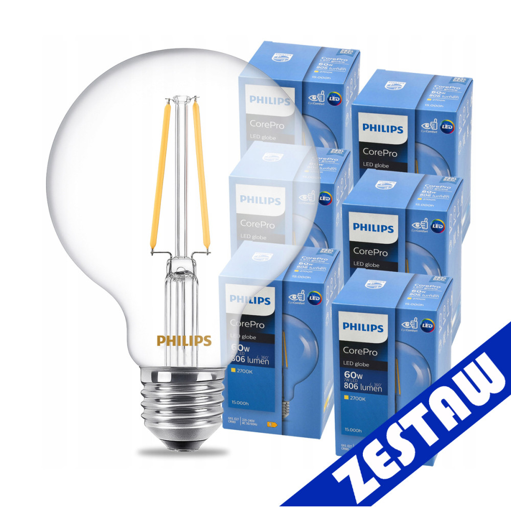 PHILIPS SADA 6 LED žiaroviek E27 G93 7W WW 806lm CorePro 2700K