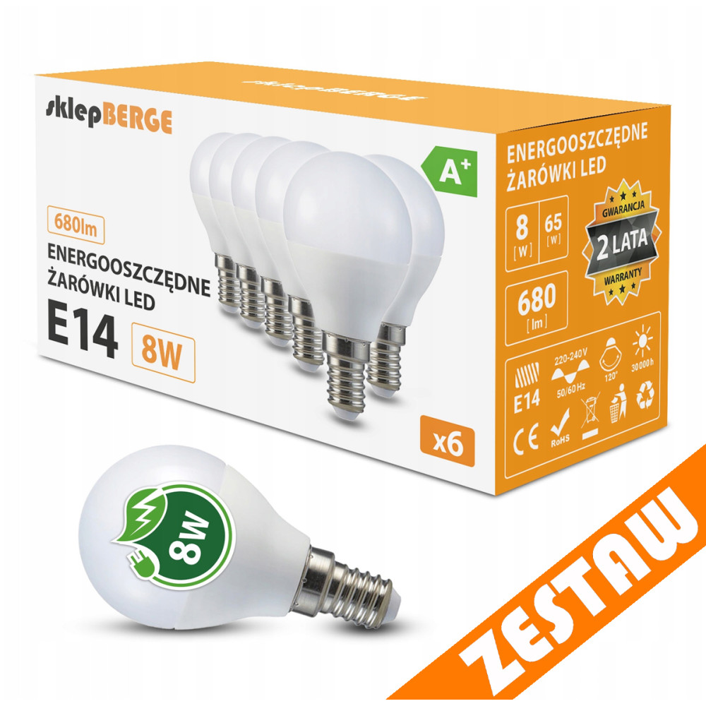 BERGE SADA 6x LED žiarovka E14 8W 700lm G45 guľôčkové - neutrálna biela