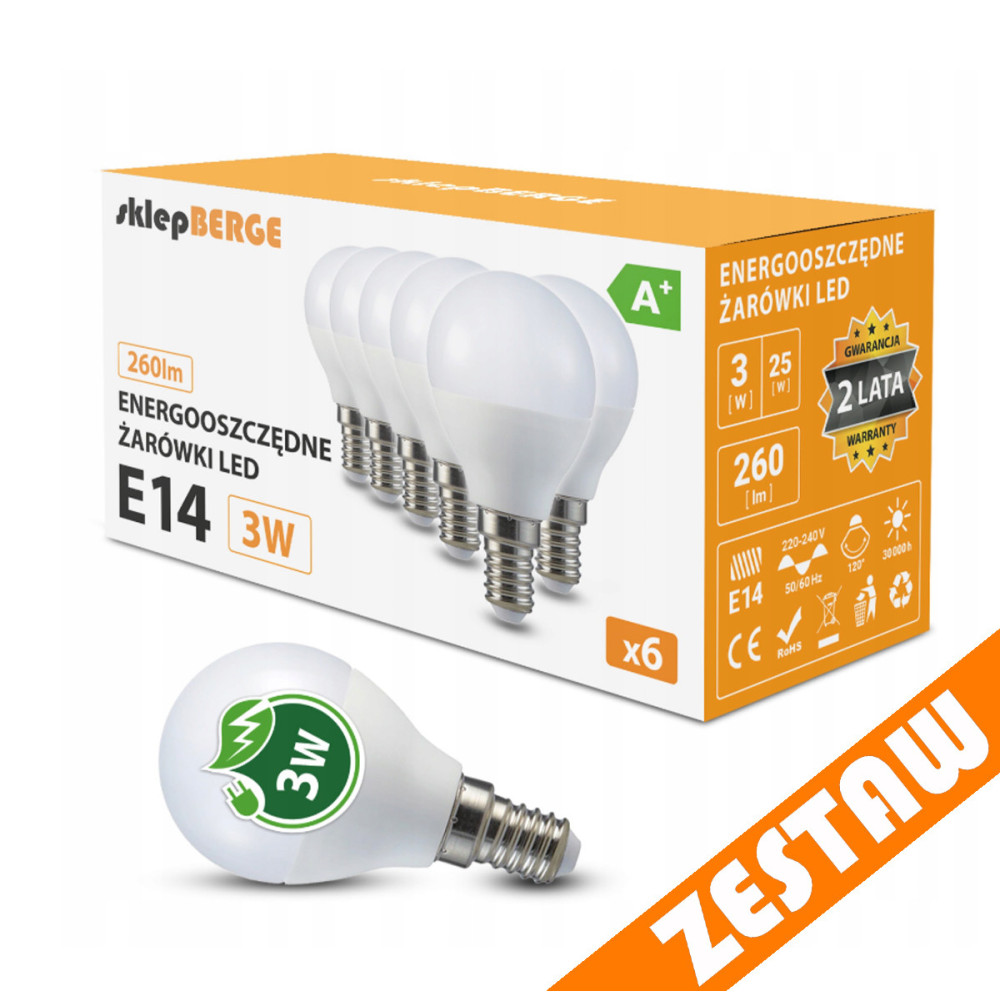 BERGE SADA 6x LED žiarovka E14 G45 3W guľová 270lm - studená biela