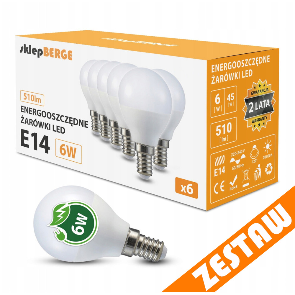 BERGE SADA 6x LED žiarovka E14 G45 7W 590lm - teplá biela