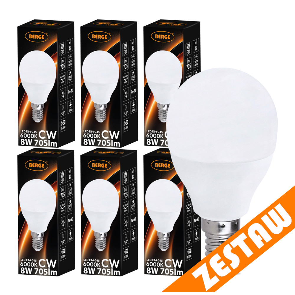 BERGE SADA 6x LED žiarovka G45 E14 8W 705lm - studená biela