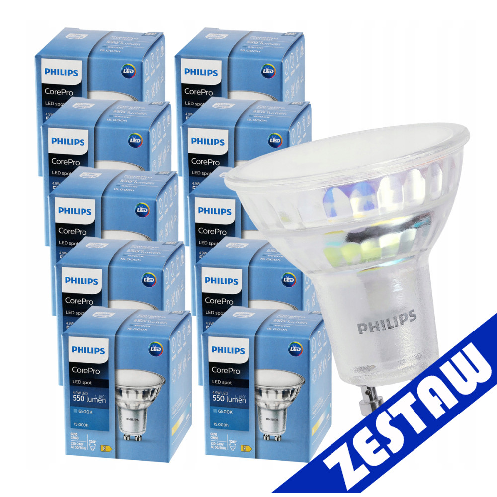 BERGE SADA 10x GU10 LED žiarovka PHILIPS 4,9W 550lm - studená biela