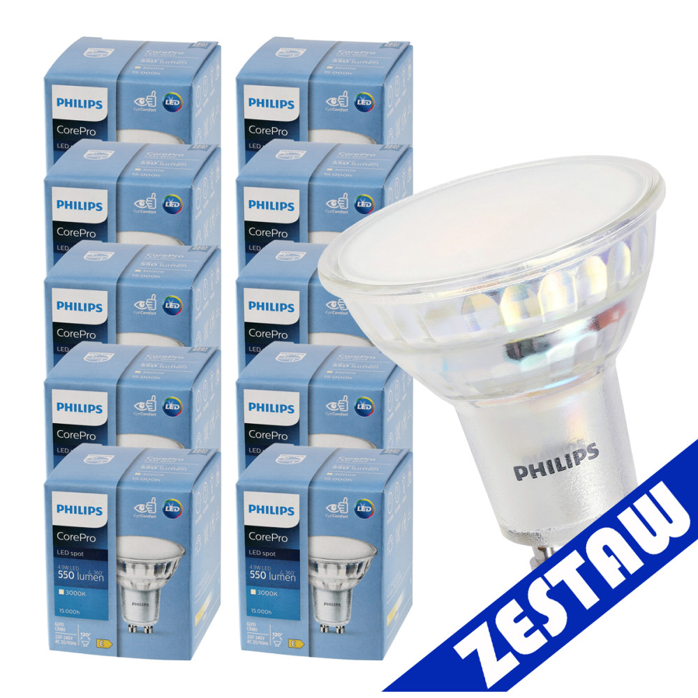 BERGE SADA 10x GU10 LED žiarovka PHILIPS 4,9W 550lm - teplá biela