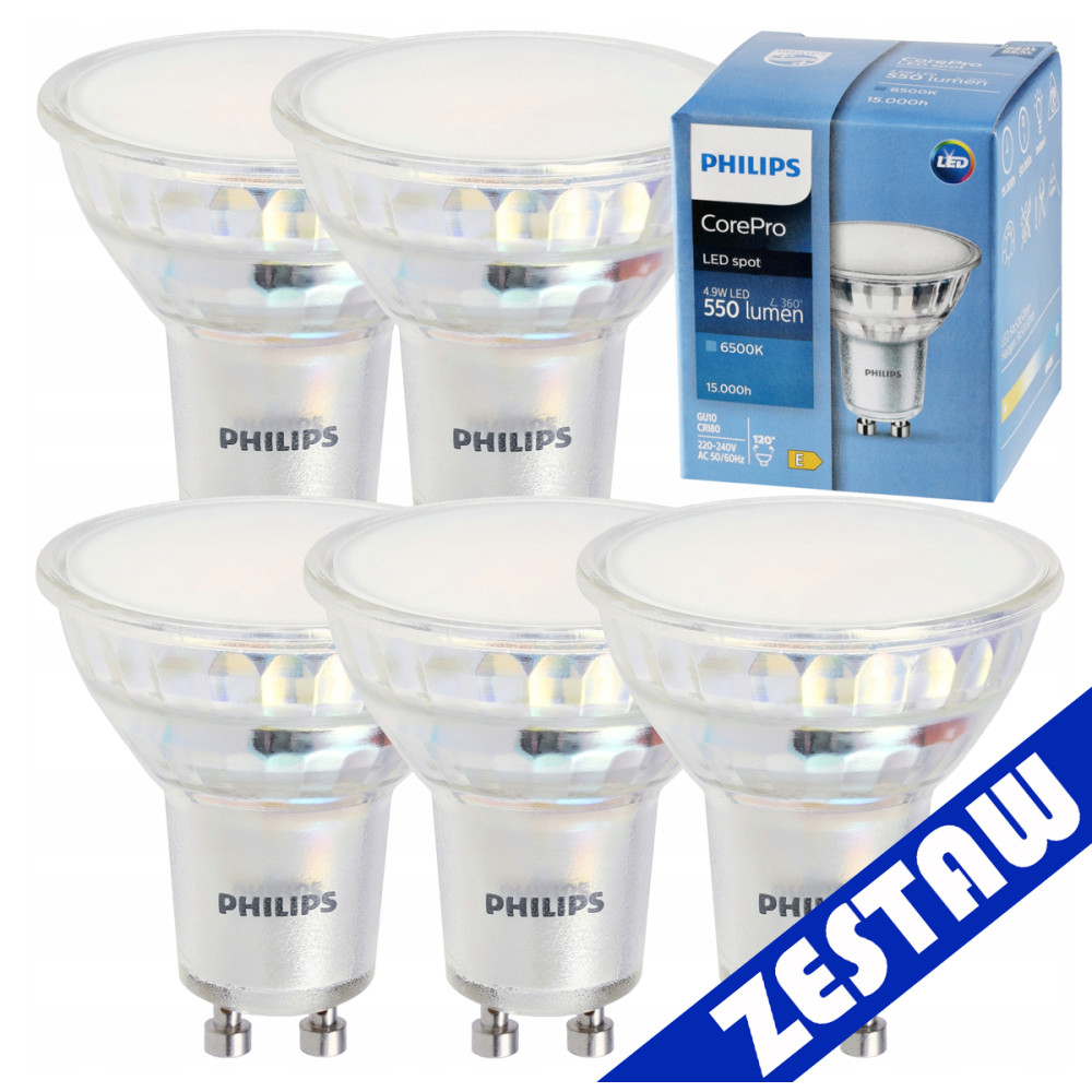 BERGE SADA 5x žiarovka Philips GU10 4,9W 550lm 112lm/W 6500K EyeComfort CorePro