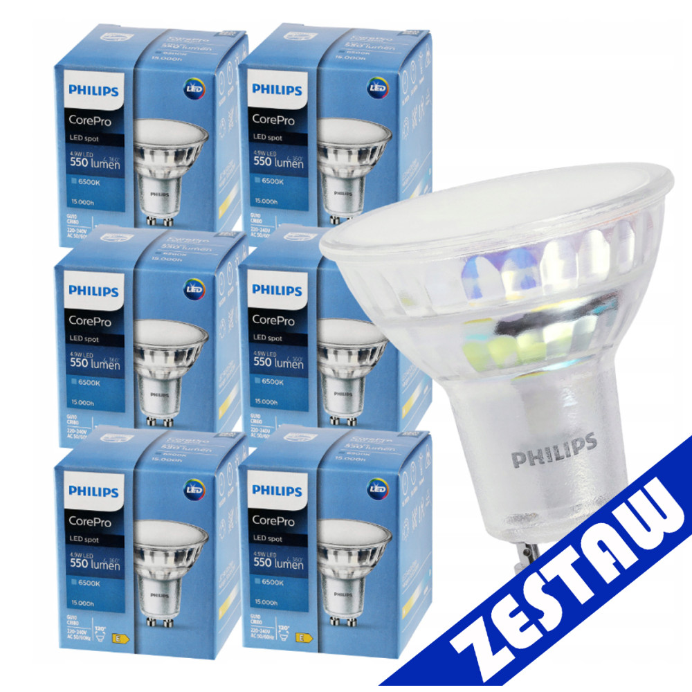 SADA 6 LED žiaroviek PHILIPS GU10 4,9W 550lm - studena biela