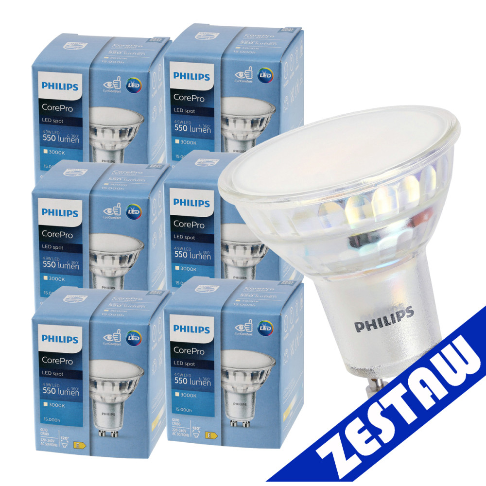SADA 6x LED žiarovka PHILIPS GU10 4,9W 550lm teplá farba 3000K