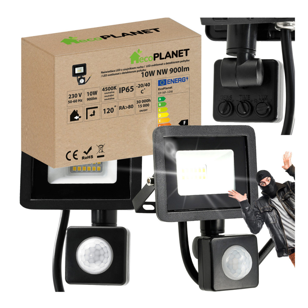 BERGE LED reflektor 10W 900lm so senzorom pohybu, súmrakový reflektor IP65