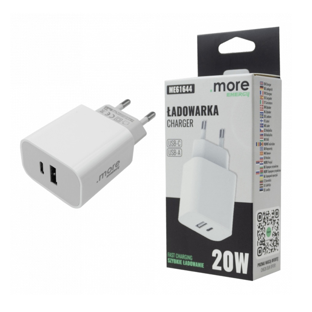 BERGE Dvojitá rýchla nabíjačka do steny 20W napájací zdroj USB-C USB-A Cube biely