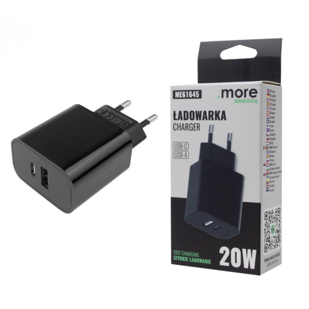 BERGE Dvojitá rýchla nabíjačka do steny 20W napájací zdroj USB-C USB-A Cube čierna