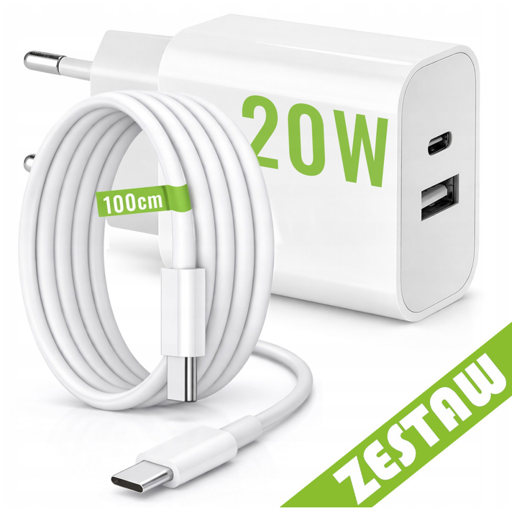 BERGE Rýchla sieťová nabíjačka USB / USB-C / USB-A + kábel USB-C 1 m (100 cm), 20 W – sada