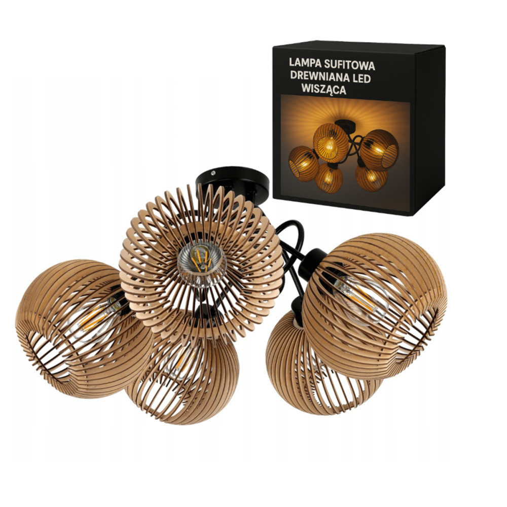 BERGE Drevená LED stropná lampa na zavesenie 5xE27 pre krásnu a priestrannú miestnosť