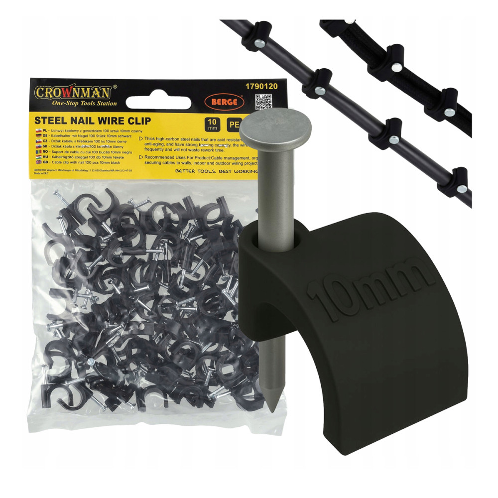 BERGE Držiaky káblov na girlandy s klincami 10 mm, 100 kusov, čierne