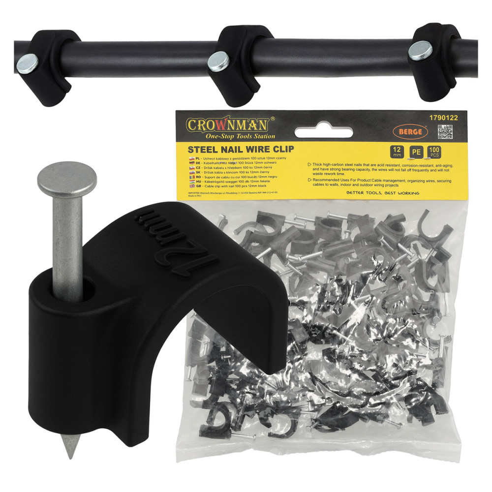 BERGE Držiaky káblov na girlandy s klincami 12 mm, 100 kusov, čierne