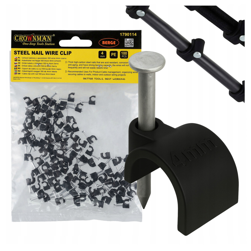 BERGE Háčiky na káblové girlandy so 4 mm klincami, 100 kusov, čierne