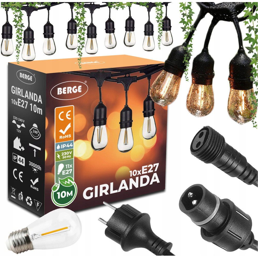 BERGE ZÁHRADNÁ SVETELNÁ REŤAZ 10m 10xE27 Sada s LED žiarovkami IP44