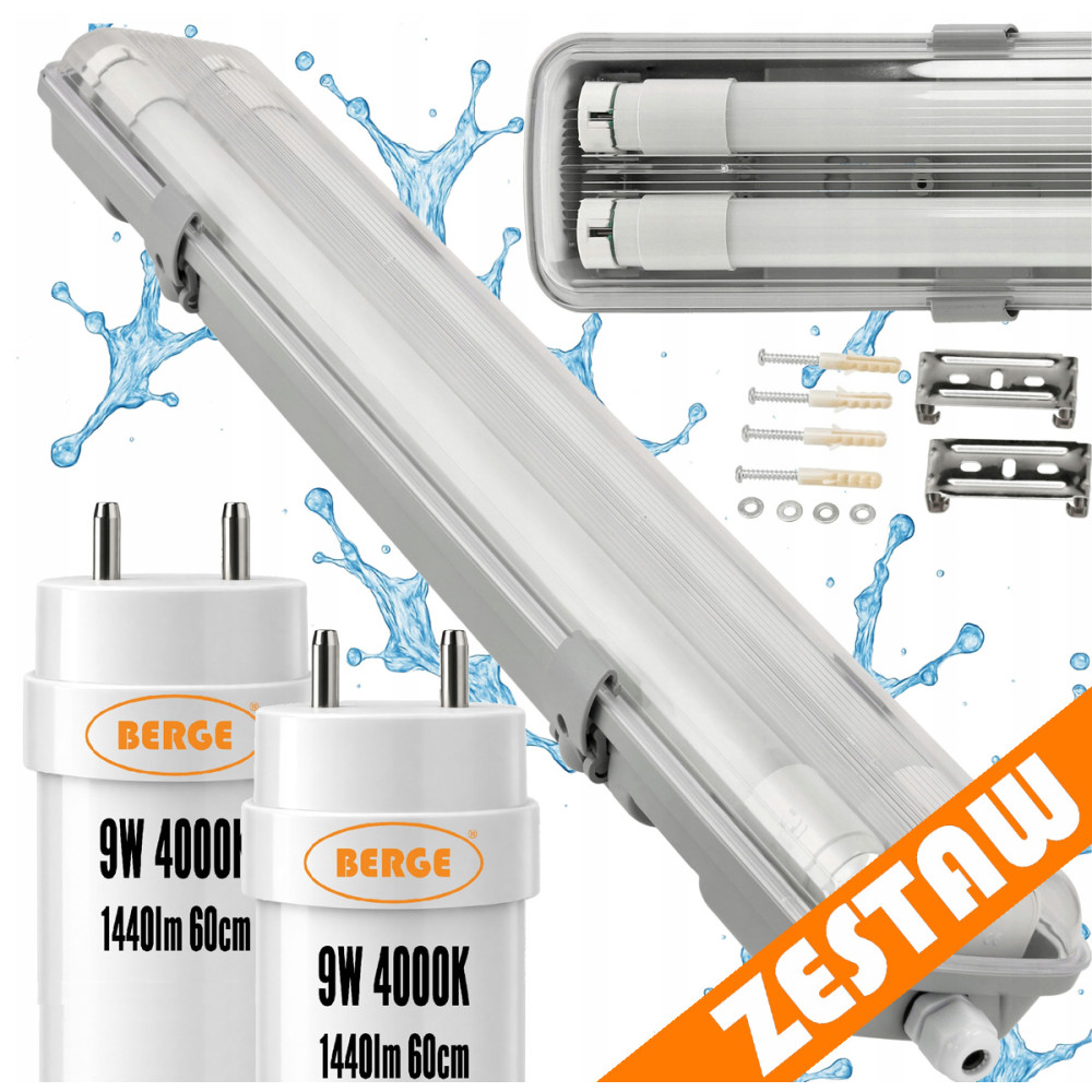 BERGE SADA Hermetická LED lampa 60cm 18W 2880lm 4000K + 2x Žiarivka do garáže