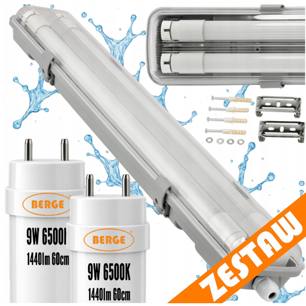 BERGE SADA Hermetická LED lampa 60cm 18W 2880lm 6500K + 2x Žiarivka do garáže