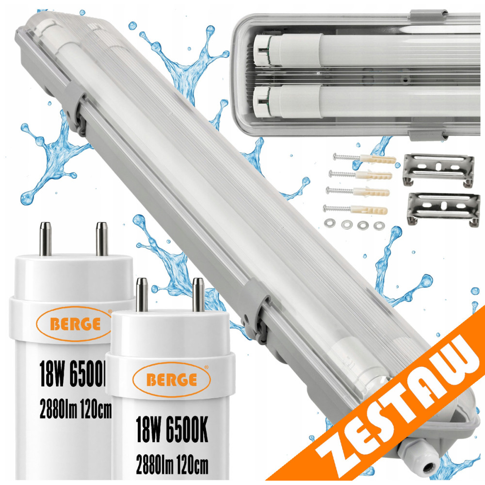 BERGE SADA Hermetické svietidlo 120cm 36W 5760lm 6500K+ 2x LED trubice Vodotesné
