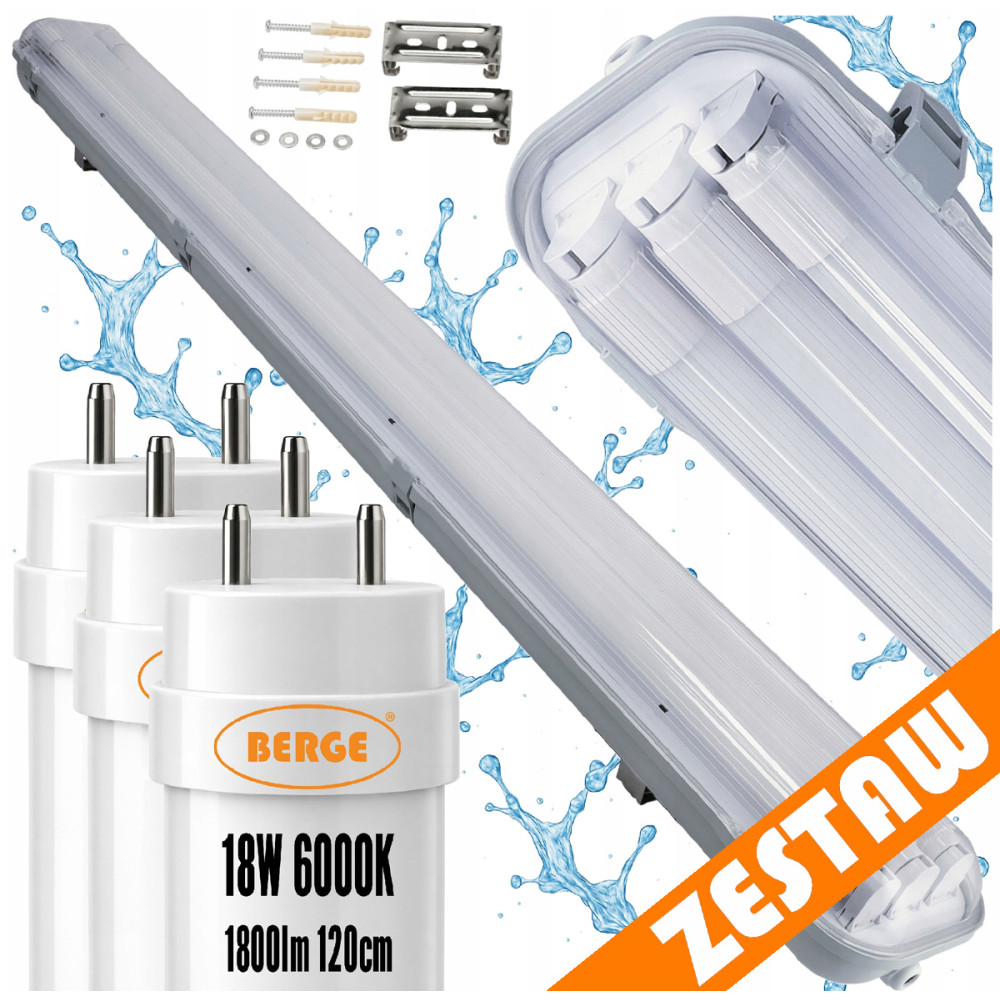 BERGE SADA Hermetická LED lampa 120cm 54W 5400lm 6000K + 3x Prémiové LED trubice