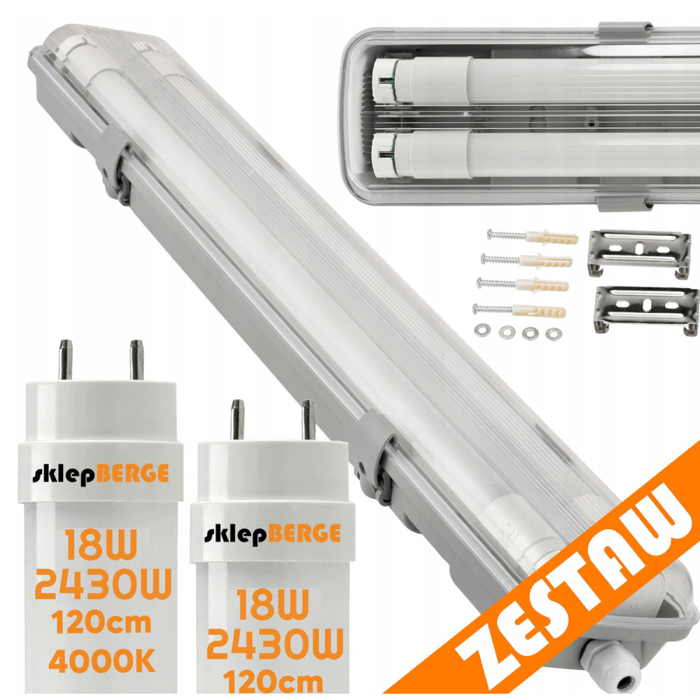 BERGE Sada hermetického LED svietidla 120 cm + 2x žiarivky G13 PREMIUM 4860lm STRONG