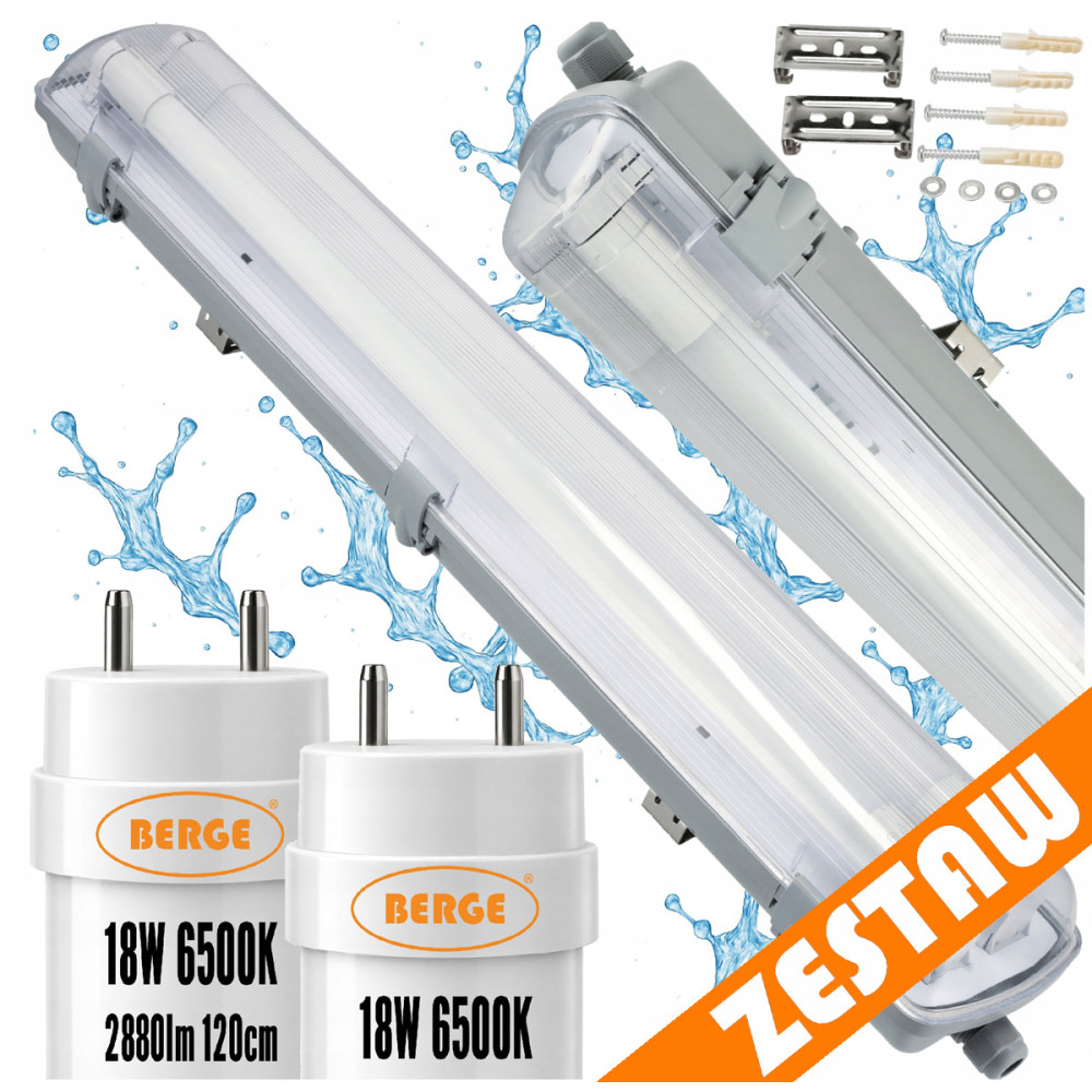 BERGE Sada LED svietidiel 120 cm, 36 W, 5760 lm, 6500 K, do garáže, s plechom