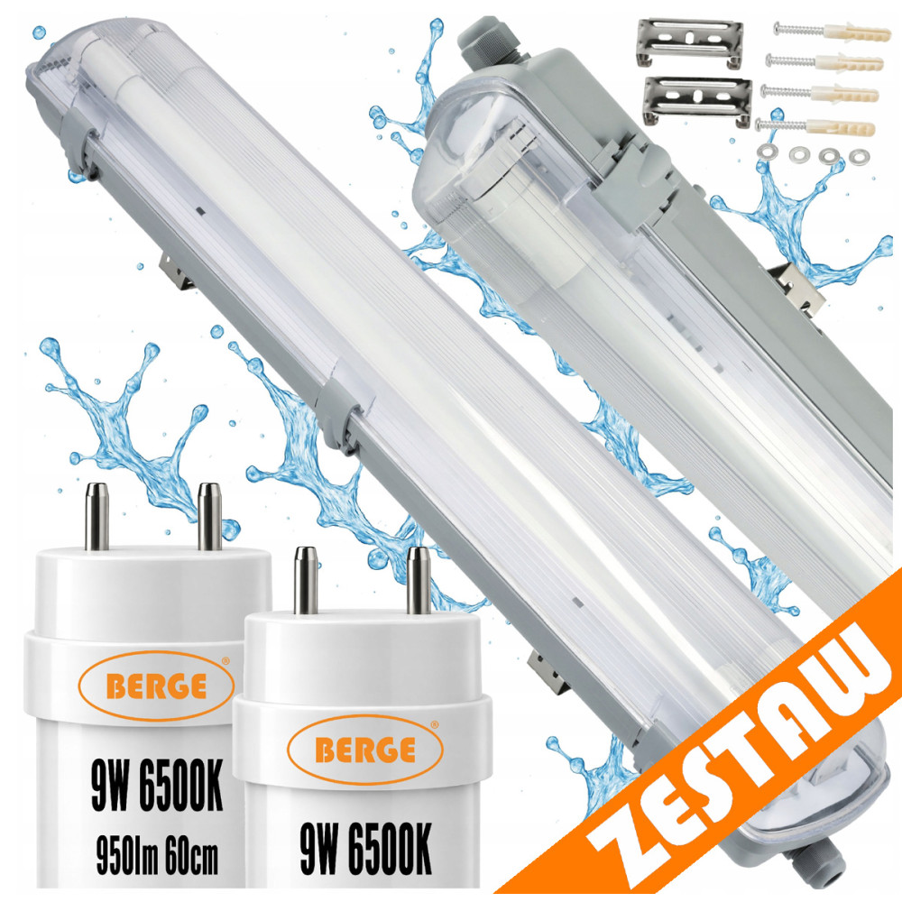 BERGE Sada LED svietidiel, hermetické svietidlo, 60 cm, 18 W, 1900 lm, 6500 K, do garáže, s plechom