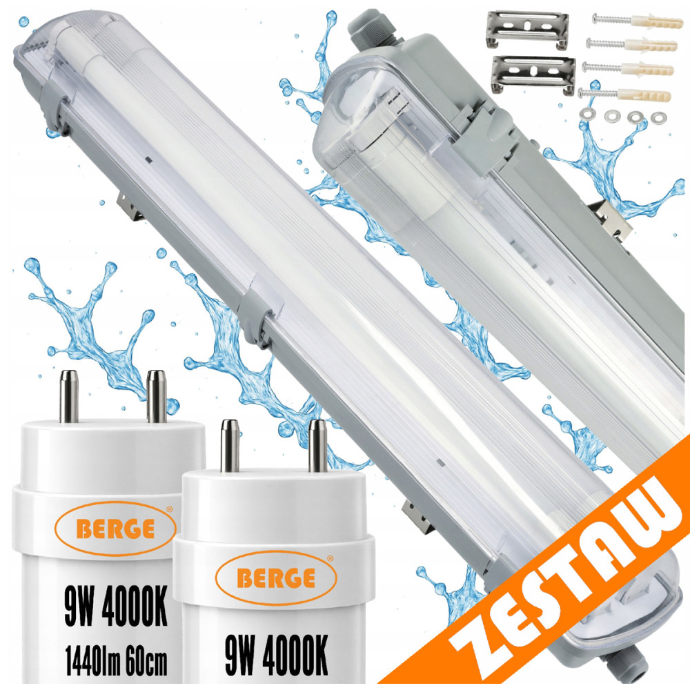 BERGE Sada LED svietidiel, hermetické svietidlo, 60 cm, 18 W, 2880 lm, 4000 K, do garáže, s plechom