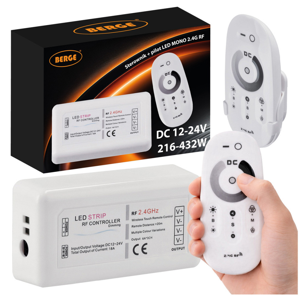 BERGE Stmívač LED pásků 12V 24V MONO dotykový dálkový ovladač 18A ovladač