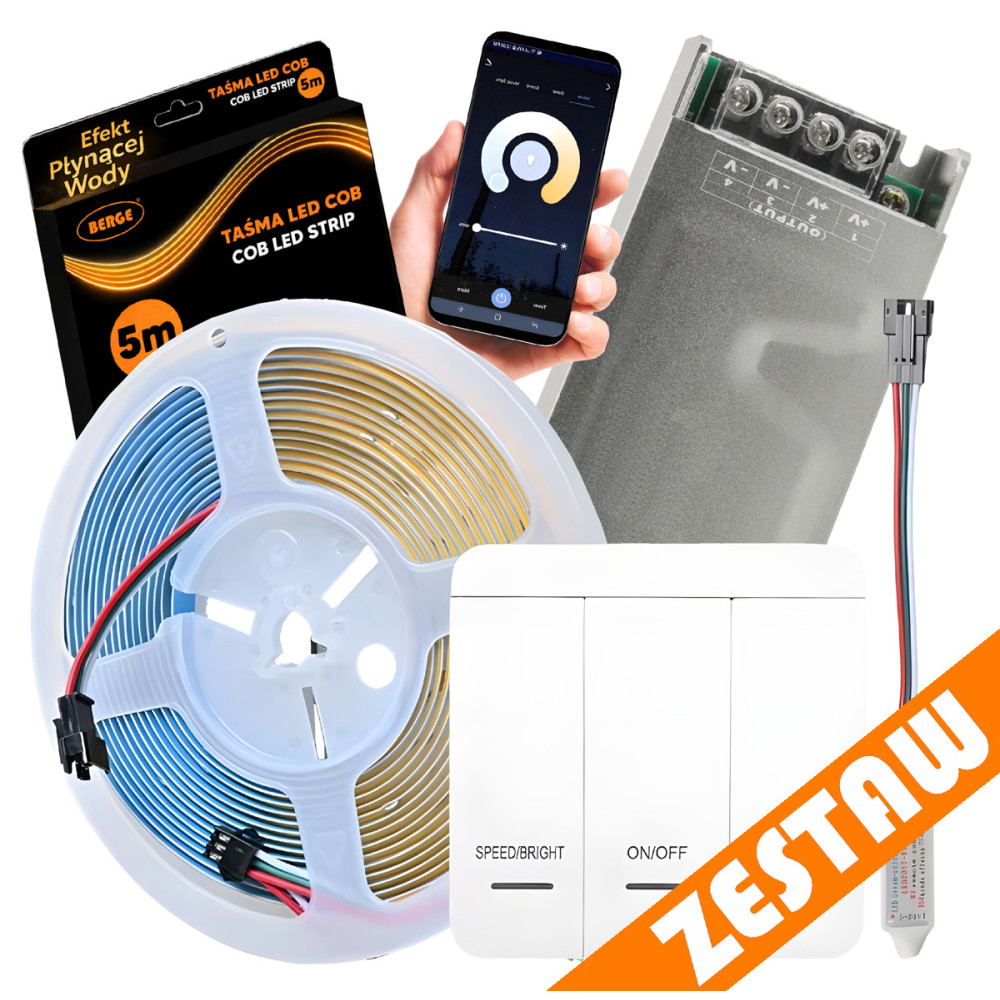 BERGE Sada digitálních LED pásků 5m COB 65W WS2811, regulátor, napájení 24V