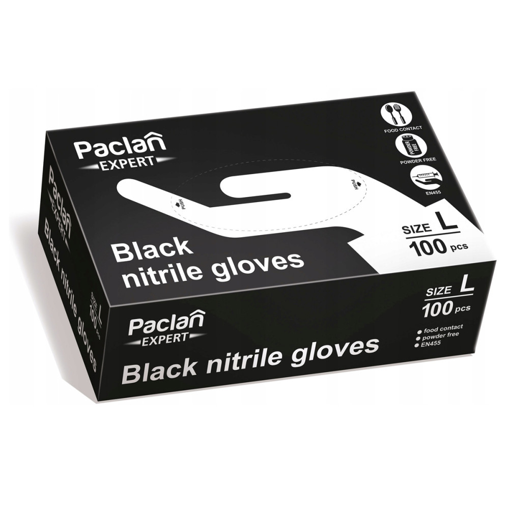 BERGE Ochranné nitrilové rukavice Paclan čierne, veľkosť L, 100 ks na čistenie