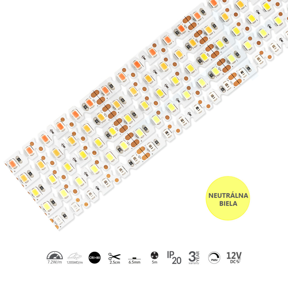 epiLED – 5m LED pásik ZigZag – 7W, 120xSMD, 6.5mm, IP20, 12V DC - Neutrálna biela (NW) / 4000°K