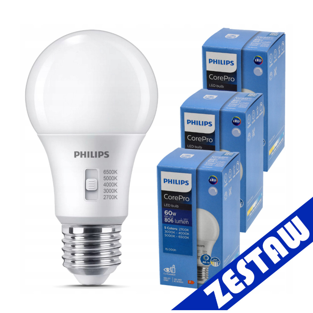 PHILIPS 3x stmievateľná LED žiarovka E27 8W 806lm 5CCT CorePro 2700K - 6500K