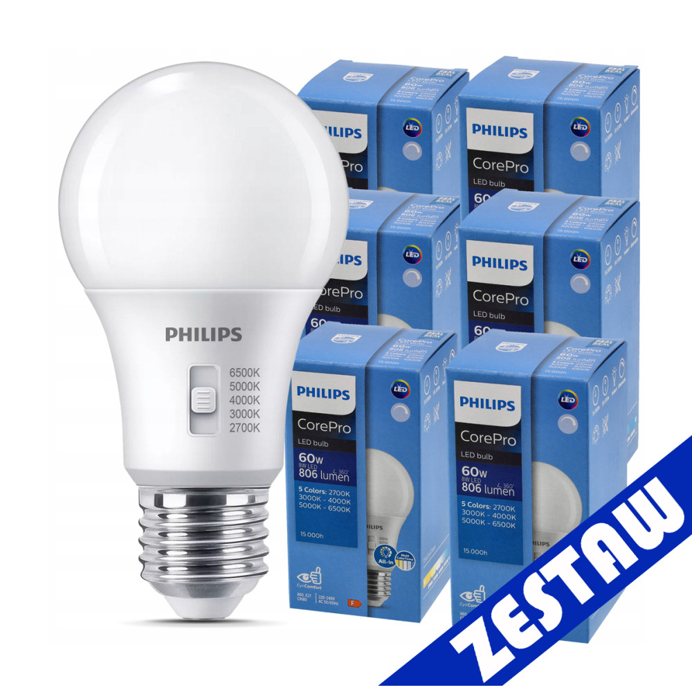 PHILIPS 6x stmievateľná LED žiarovka E27 8W 806lm 5CCT CorePro 2700K - 6500K