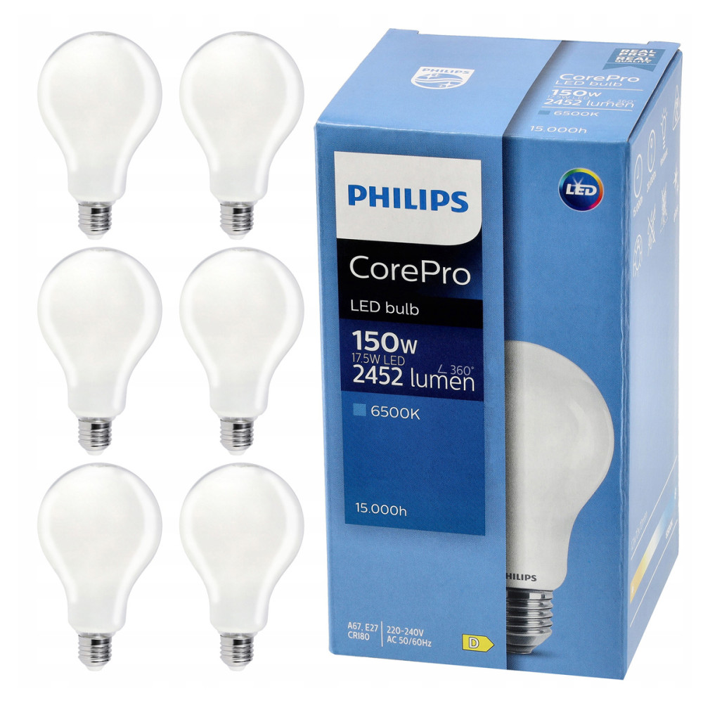 6x LED žiarovka E27 PHILIPS 17,5W 2452lm studená farba 6500k prémiová