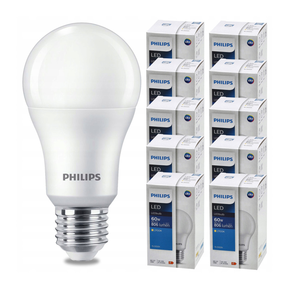 SADA 10 LED žiaroviek E27 8W 806lm PHILIPS tepla biela 2700K A60