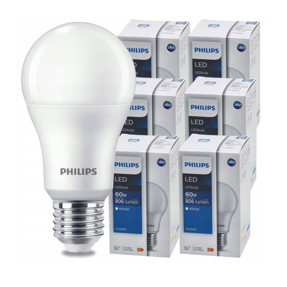 SADA 6 KS LED žiaroviek PHILIPS E27 8W 806lm Neutrálna farba 4000K A60