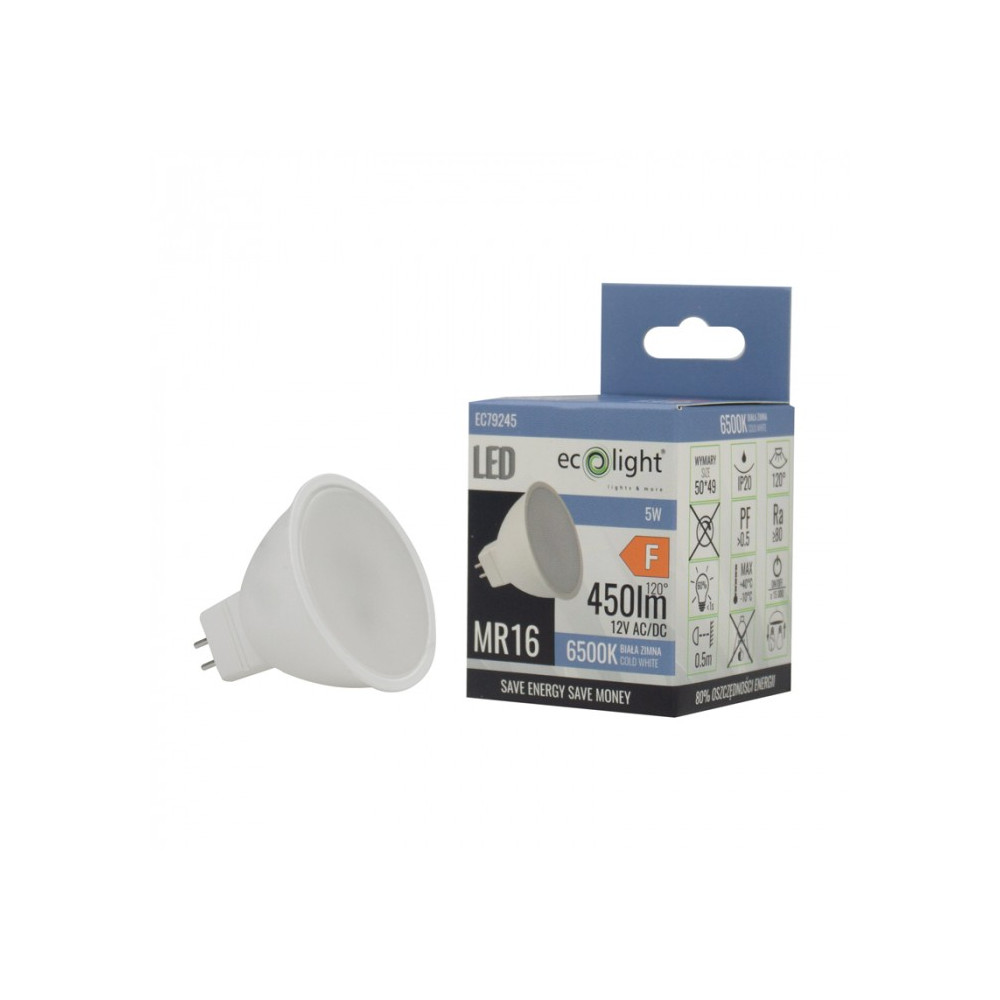 ECOLIGHT LED žiarovka 12V MR16 5W - studena bielá