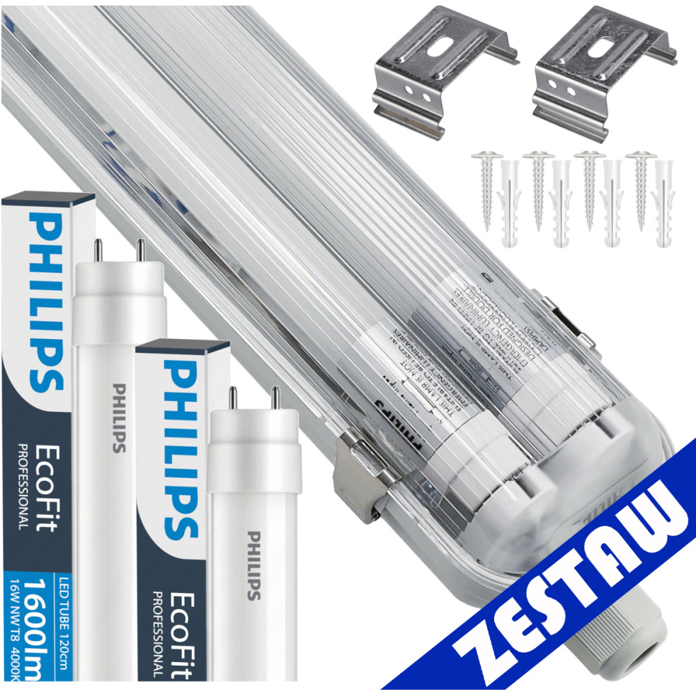 BERGE SADA 2x hermetických svietidiel Philips 128 cm + 4x vodotesných LED trubíc do garáže