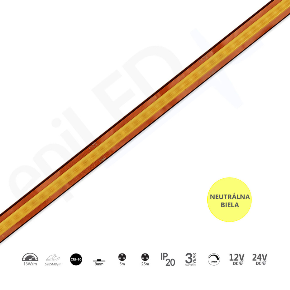 epiLED – 5m LED pásik COB-FREE-CUT – 13W, 480xCOB, 8mm, IP20, 24V DC - Neutrálna biela (NW) / 4000°K