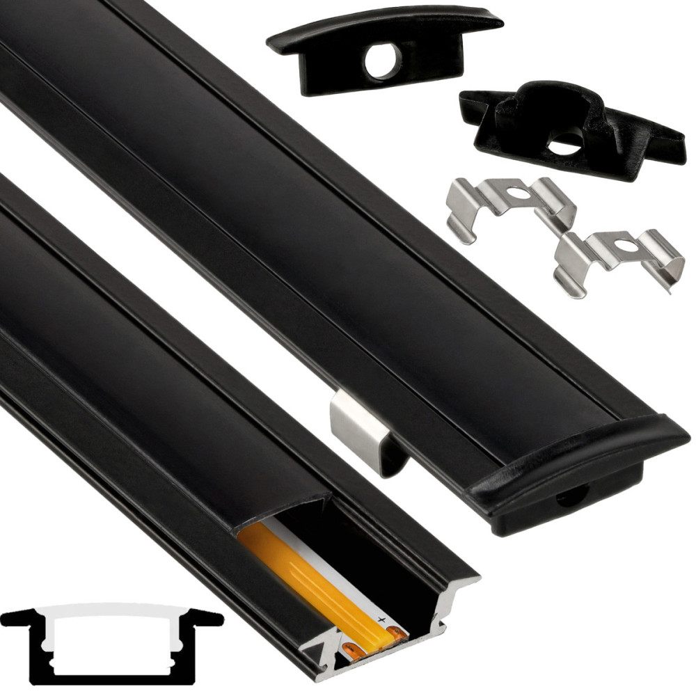 BERGE Hliníkový profil pre LED pásik čierny, zapustený, čierny kryt, sada 2m