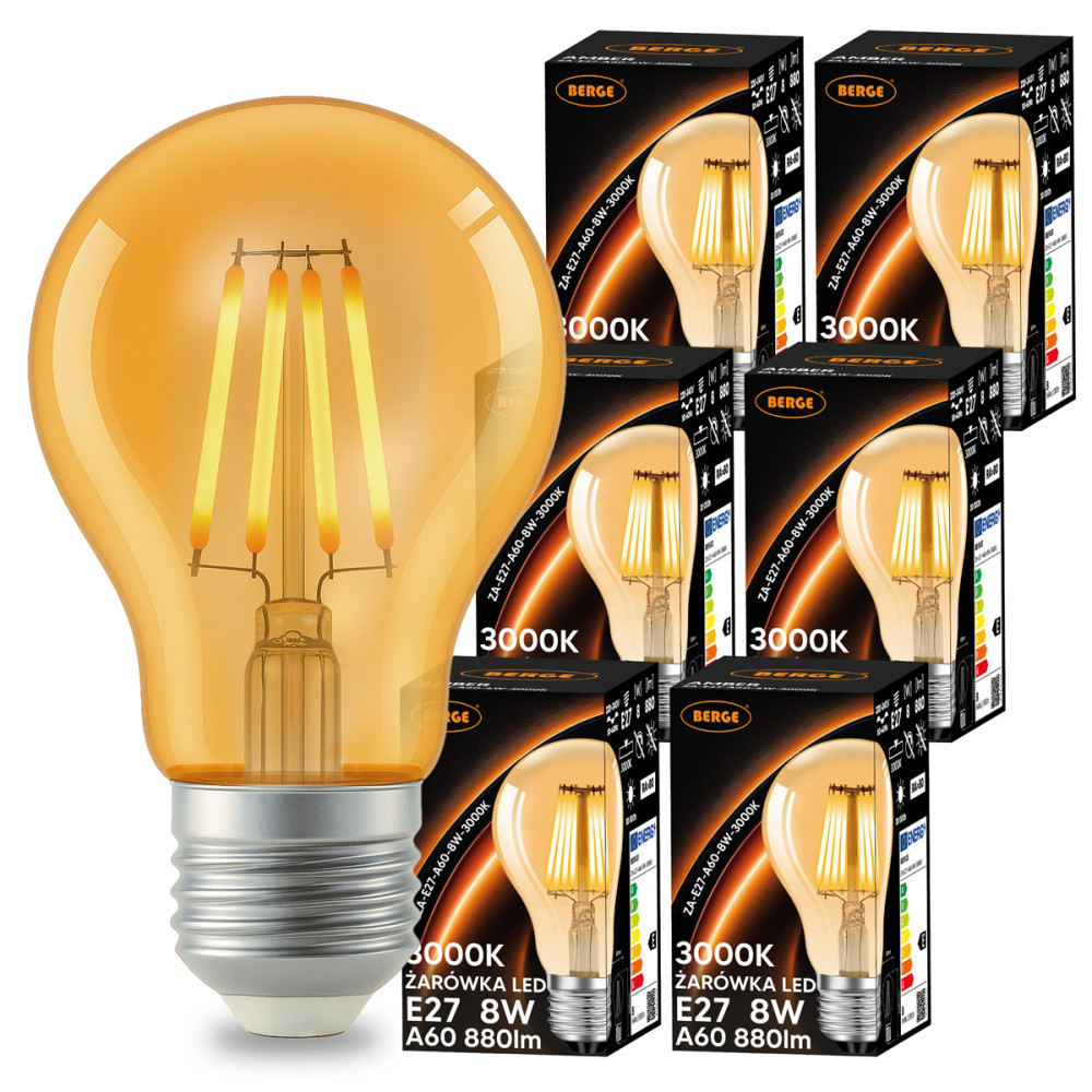 BERGE 6x LED žiarovka E27 a60 8W 880lm 3000k teplá jantárová sada s filamentom