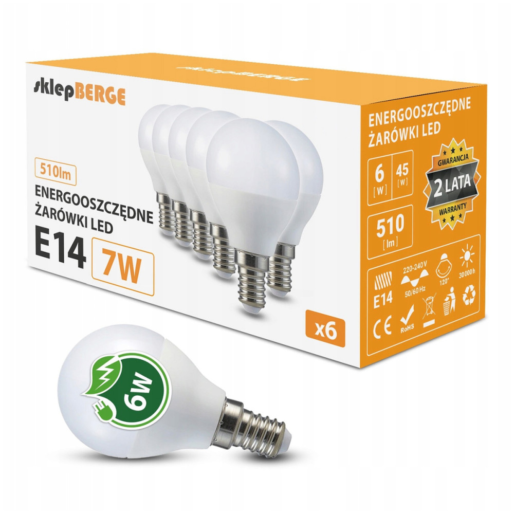 BERGE 6x LED žiarovka E14 g45 7W 620lm - studená biela