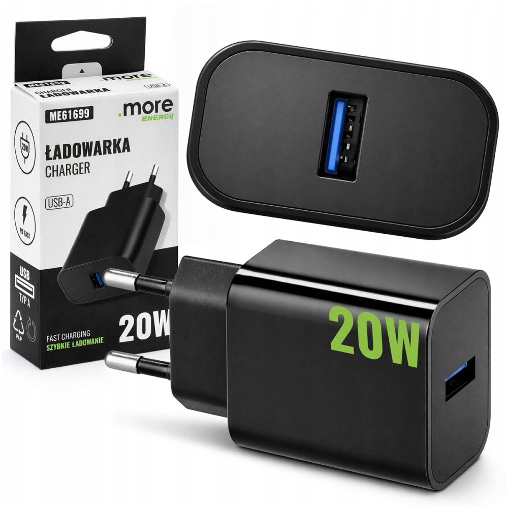 BERGE Nabíjačka cube fast usb-a čierna sieťová 20W pre telefón