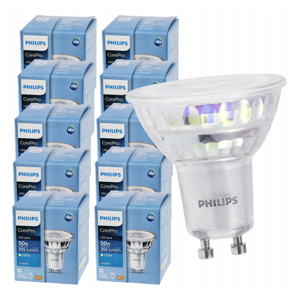 10x LED žiarovka GU10 PHILIPS 4,6W 355lm 36° teplá farba 2700k