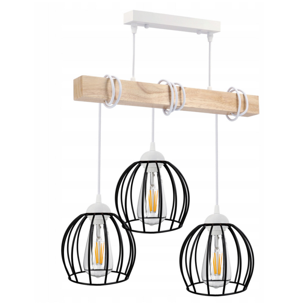 BERGE Drevená biela LED závesná stropná lampa, 3xE27 drôtená guľa